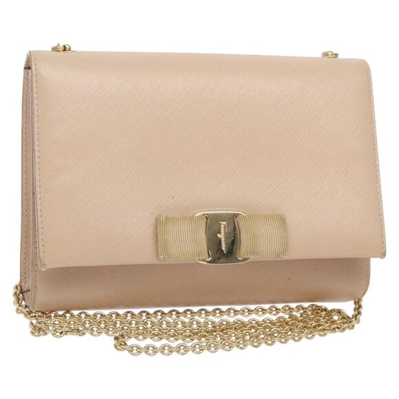 Salvatore Ferragamo Chain Vala Shoulder Bag Leather Beige Gold - Picture 1 of 16